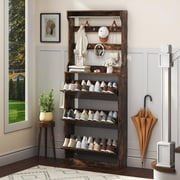 FANRAL Shoe Cabinet with 3 Flip Drawers & Coat Rack,Narrow Hidden Shoe Storage Cabinet,Slim Freestanding Shoe Rack Organizer for Entryway,Brown