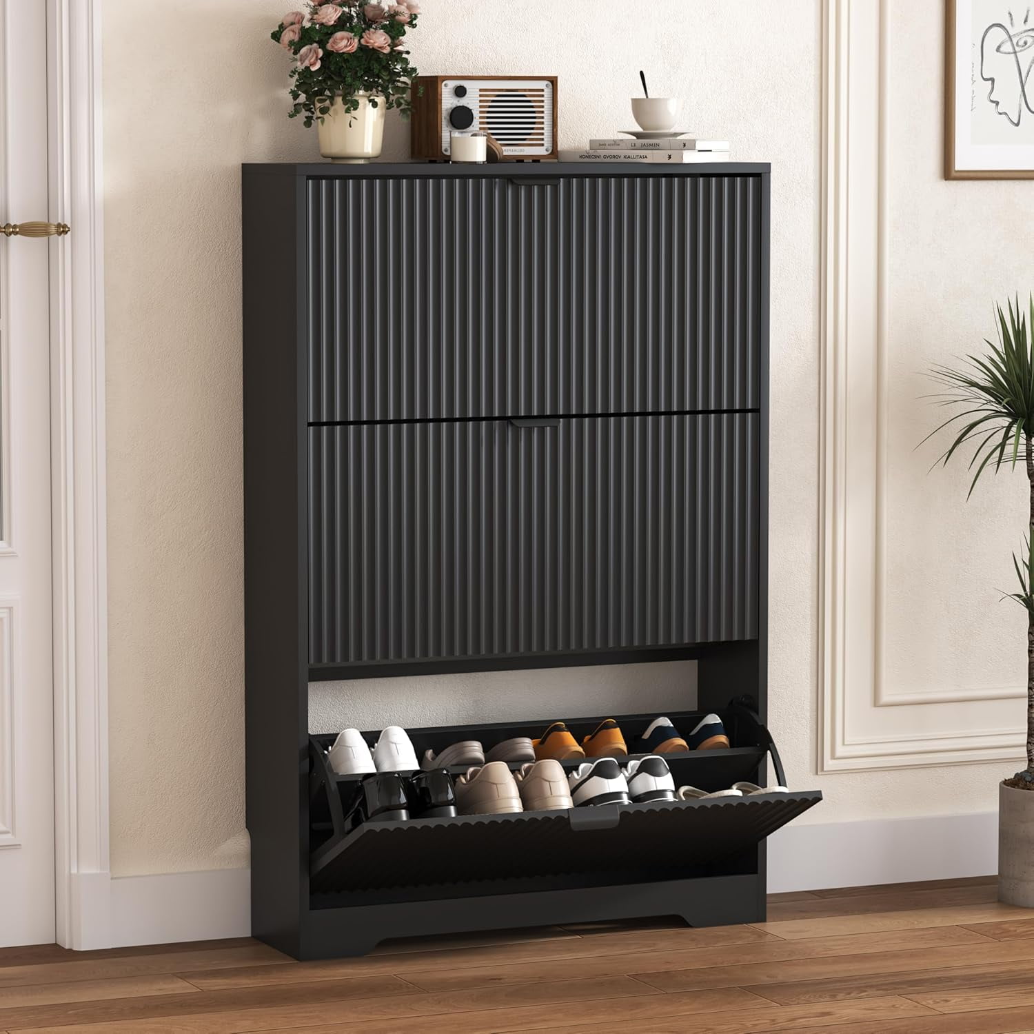 FANRAL Shoe Cabinet with 3 Flip Drawers,Fluted Shoe Storage Cabinet Rack Organizer with Adjustable Shelves for Entryway,Closet,Hallway,Black