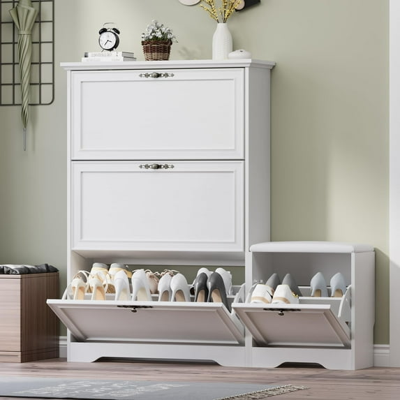 FANRAL Shoe Cabinet with Bench & 3 Flip Drawers,Adjustable Shelves Wooden Slim Shoe Storage Cabinet and Rack for Entryway,White