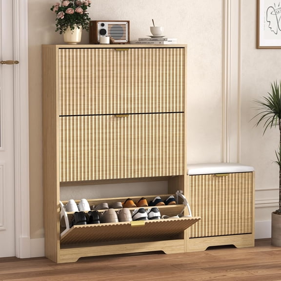 FANRAL Shoe Cabinet with Bench & 3 Flip Drawers,Fluted Shoe Storage Cabinet Rack Organizer with Adjustable Shelves for Entryway,Closet,Hallway,Oak