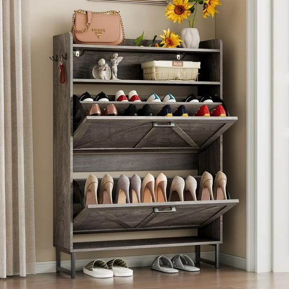 FANRAL Shoe Storage Cabinet for Entryway,2 Flip Drawer & Open Storage Shoe Rack Organizer,Wooden Narrow Shoes Cabinet,Gray