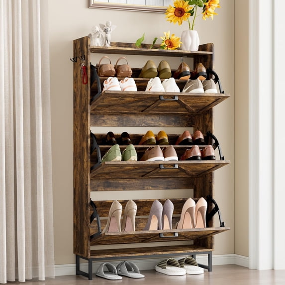 FANRAL Shoe Storage Cabinet for Entryway,3 Flip Drawer Shoe Rack Organizer,Wooden Narrow Shoes Cabinet,Brown