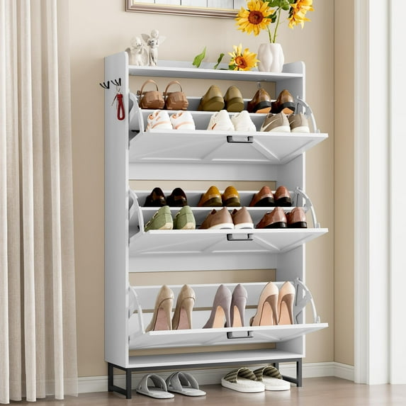 FANRAL Shoe Storage Cabinet for Entryway,3 Flip Drawer Shoe Rack Organizer,Wooden Narrow Shoes Cabinet,White