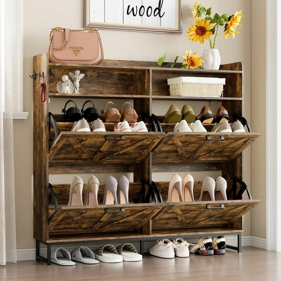 FANRAL Shoe Storage Cabinet for Entryway,4 Flip Drawers & Open Storage Shoe Rack Organizer,Wooden Narrow Shoes Cabinet,Brown