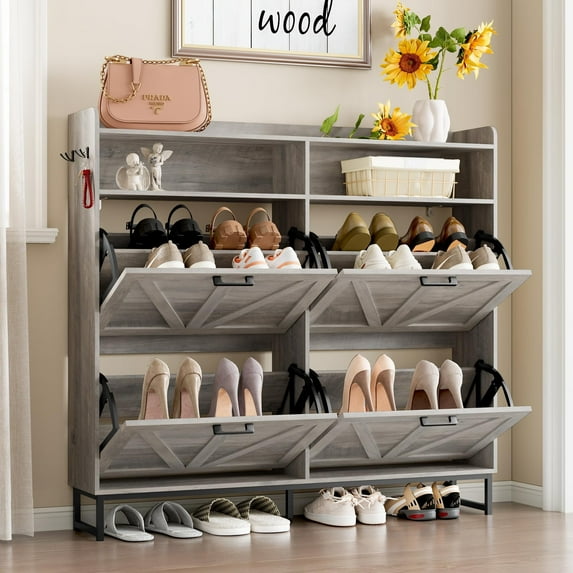 FANRAL Shoe Storage Cabinet for Entryway,4 Flip Drawers & Open Storage Shoe Rack Organizer,Wooden Narrow Shoes Cabinet,Gray