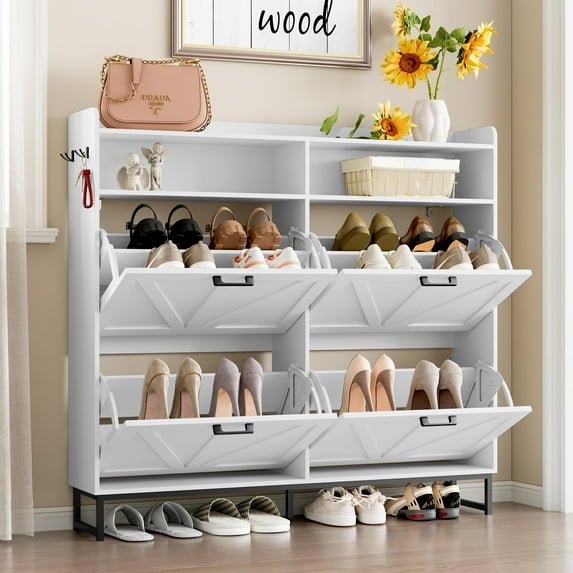 FANRAL Shoe Storage Cabinet for Entryway,4 Flip Drawers & Open Storage Shoe Rack Organizer,Wooden Narrow Shoes Cabinet,White