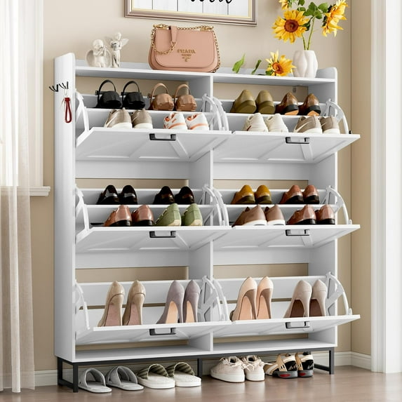 FANRAL Shoe Storage Cabinet for Entryway,6 Flip Drawers Shoe Rack Organizer,Wooden Narrow Shoes Cabinet,White