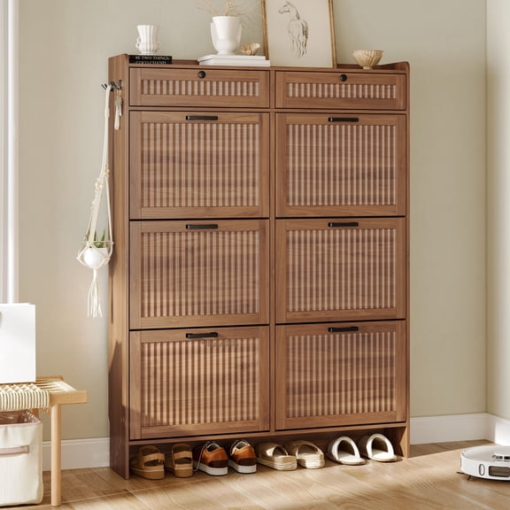 FANRAL Shoe Storage Cabinet with 2 Storage Drawers,Wood Shoe Rack Cabinet,Narrow Hidden Shoe Storage for Entryway,Walnut