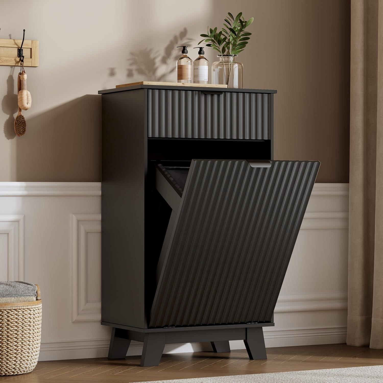 FANRAL Single Tilt Out Laundry Hamper Cabinet,10 Gallon Wooden Hidden Storage Cabinet,Fluted Trash Can for Bathroom Kitchen Living Room,Black Laundry Basket Cabinet