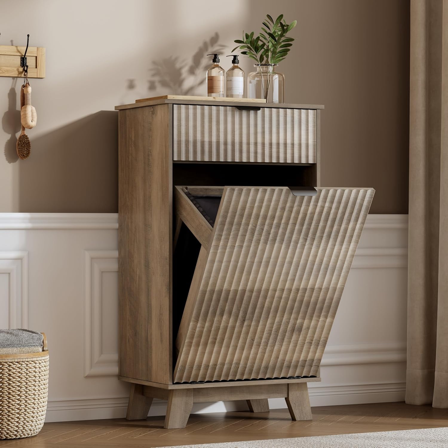 FANRAL Single Tilt Out Laundry Hamper Cabinet,10 Gallon Wooden Hidden Storage Cabinet,Fluted Trash Can for Bathroom Kitchen Living Room,Gray Laundry Basket Cabinet