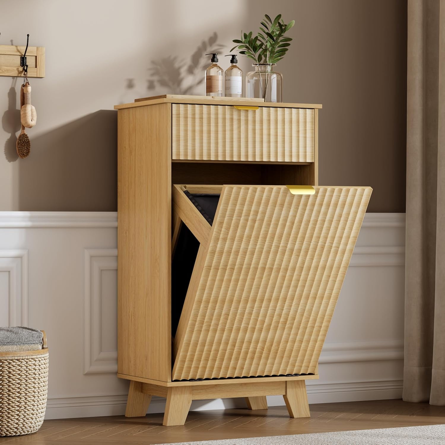 FANRAL Single Tilt Out Laundry Hamper Cabinet,10 Gallon Wooden Hidden Storage Cabinet,Fluted Trash Can for Bathroom Kitchen Living Room,Natural Oak Laundry Basket Cabinet