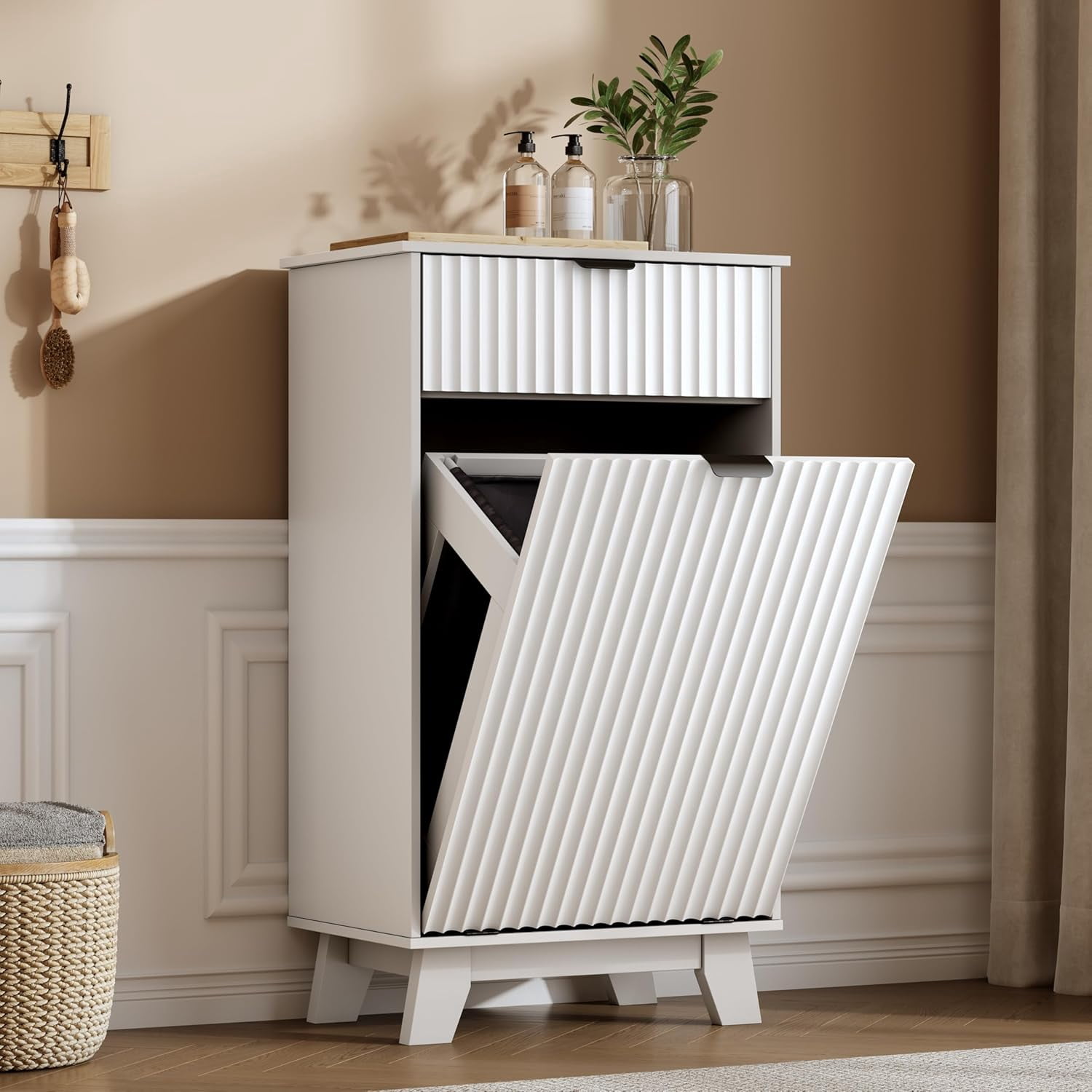 FANRAL Single Tilt Out Laundry Hamper Cabinet,10 Gallon Wooden Hidden Storage Cabinet,Fluted Trash Can for Bathroom Kitchen Living Room,White Laundry Basket Cabinet