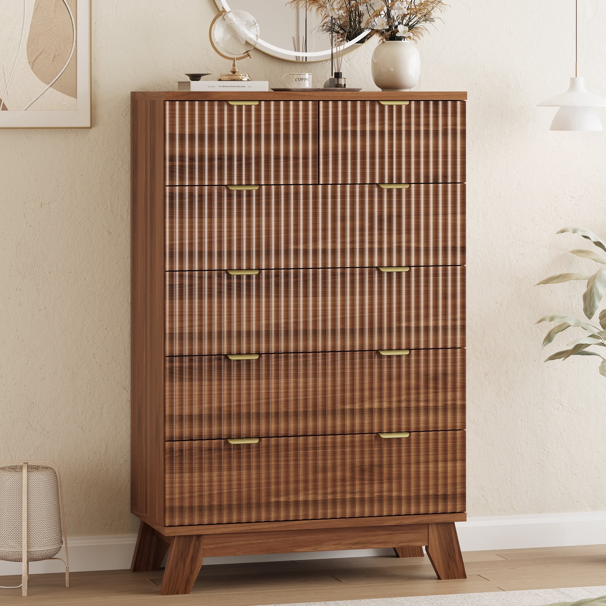 FANRAL Tall 6 Drawers Dresser Fluted Dresser for Bedroom,Wooden Chest of Drawers Modern Dresser for Closet,Walnut Dresser