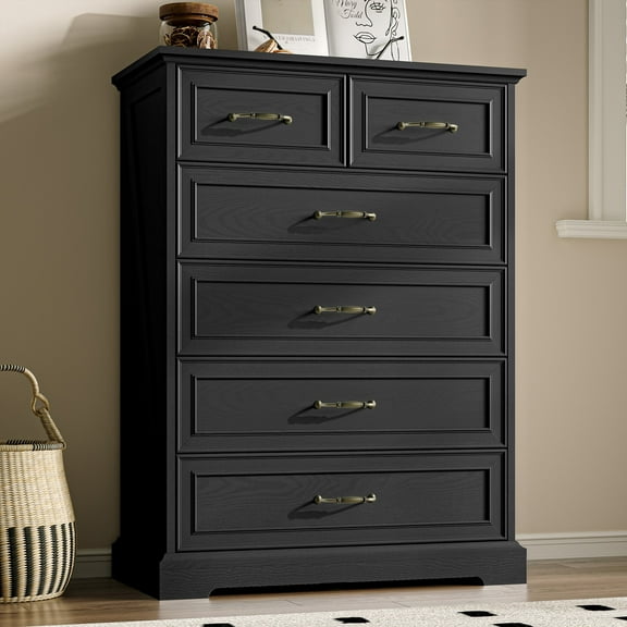 FANRAL Tall Dresser for Bedroom with 6 Drawers Chest of Drawers,Wooden Dresser Storage Cabinet with Bar Handles,Black