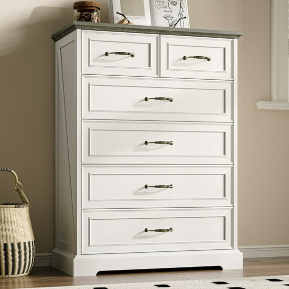 FANRAL Tall Dresser for Bedroom with 6 Drawers Chest of Drawers,Wooden Dresser Storage Cabinet with Bar Handles,White