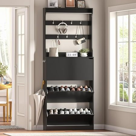 FANRAL Tall Shoe Rack,Shoe Cabinet Storage for Entryway,Modern Shoe Rack Cabinet with 3 Flip Drawers,Large Shoe Organizer for Living Room,Black Shoe Cabinet for Entryway