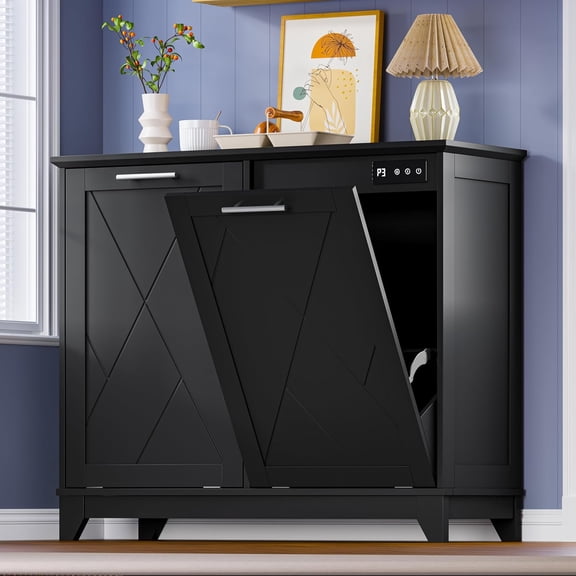 FANRAL Tilt Out Trash Can Cabinet for 2 Bins,Hidden Recycle Garbage Enclosure with Negative Ion & Ozone Odor Control,Wooden Double Laundry Cabinet for Kitchen Bathroom Laundry Room