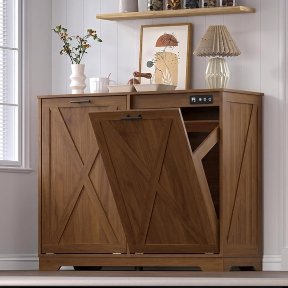 FANRAL Tilt Out Trash Can Cabinet for 2 Bins,Hidden Recycle Garbage Enclosure with Negative Ion & Ozone Odor Control,Wooden Double Storage Cabinet for Kitchen Bathroom Laundry Room