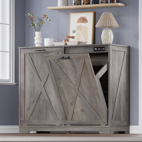 FANRAL Tilt Out Trash Can Cabinet for 2 Bins,Hidden Recycle Garbage Enclosure with Negative Ion & Ozone Odor Control,Wooden Double Storage Cabinet for Kitchen Bathroom Laundry Room