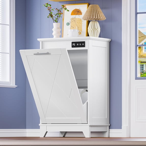 FANRAL Tilt Out Trash Can Cabinet,Hidden Trash Cabinet with Negative Ion & Ozone Odor Control,Wooden Compact Laundry Hamper Cabinet for Kitchen Bathroom Laundry Room