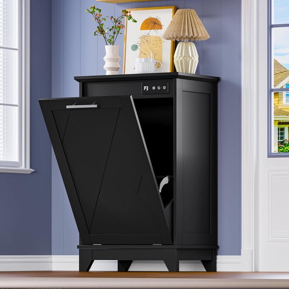 FANRAL Tilt Out Trash Can Cabinet,Hidden Trash Cabinet with Negative Ion & Ozone Odor Control,Wooden Compact Laundry Hamper Cabinet for Kitchen Bathroom Laundry Room