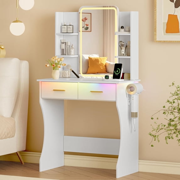 FANRAL Vanity Desk with LED Lighted Mirror and Power Outlet,Makeup Vanity Table with Storage Drawers,3 Lighting Modes and Adjustable Brightness,Dressing Table for Bedroom,White Vanity
