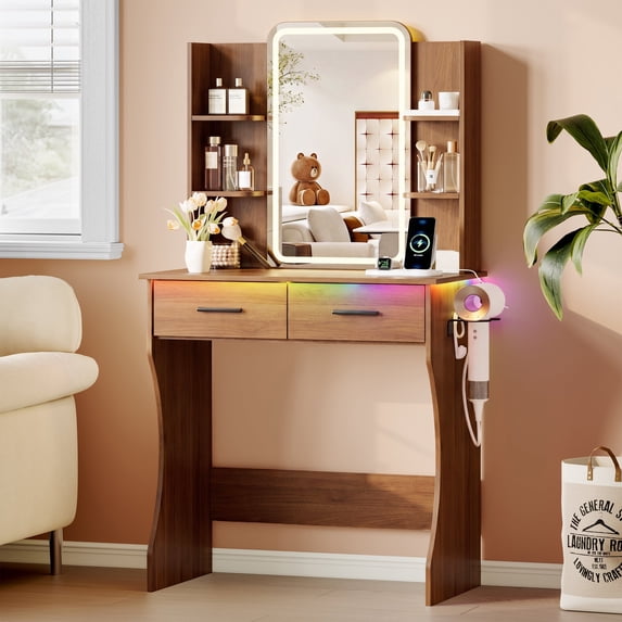 FANRAL Vanity Desk with LED Lighted Mirror and Power Outlet,Makeup Vanity Table with Storage Drawers,3 Lighting Modes and Adjustable Brightness,Dressing Table for Bedroom,Walnut Vanity