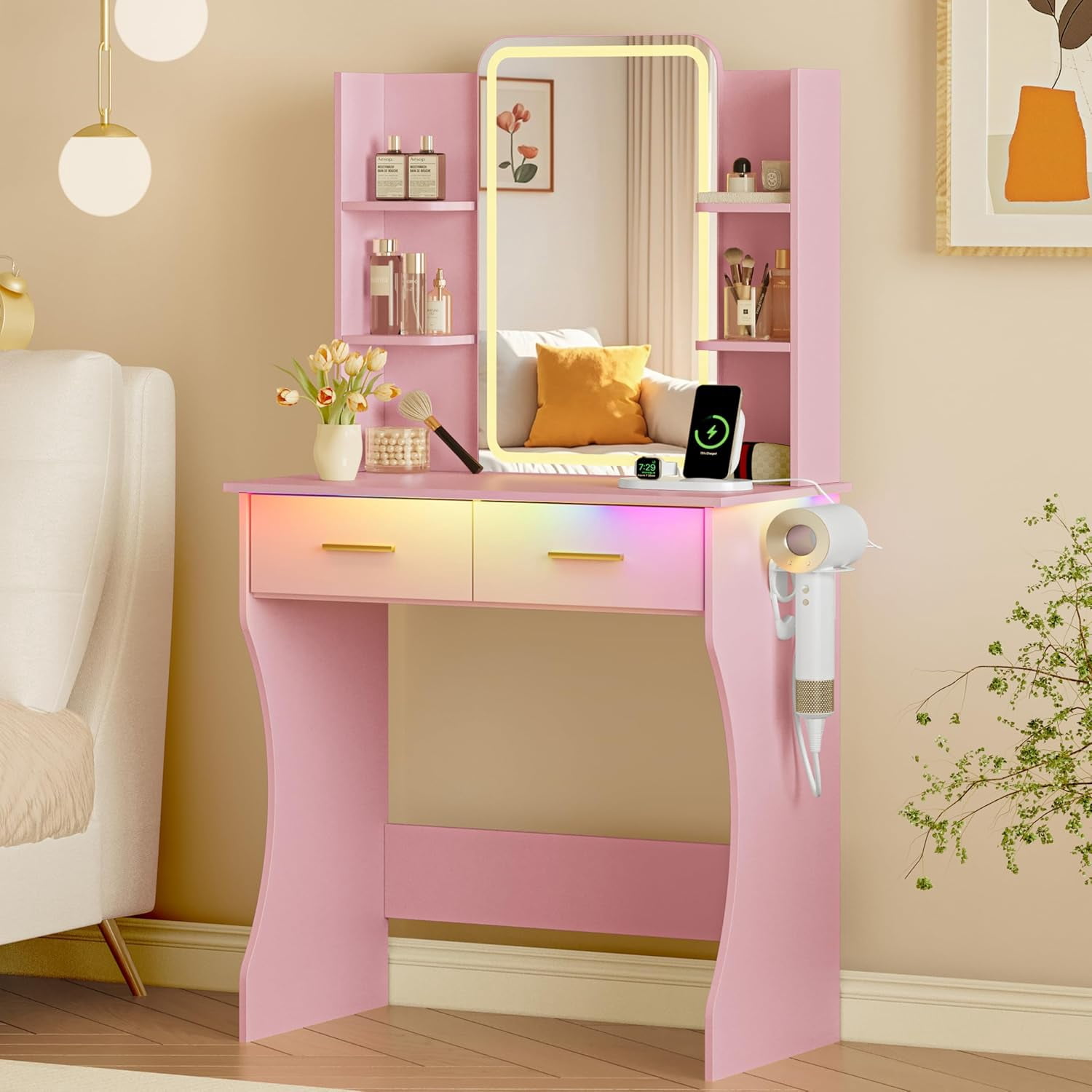 FANRAL Vanity Desk with LED Lighted Mirror and Power Outlet,Makeup Vanity Table with Storage Drawers,3 Lighting Modes and Adjustable Brightness,Dressing Table for Bedroom,Pink Vanity