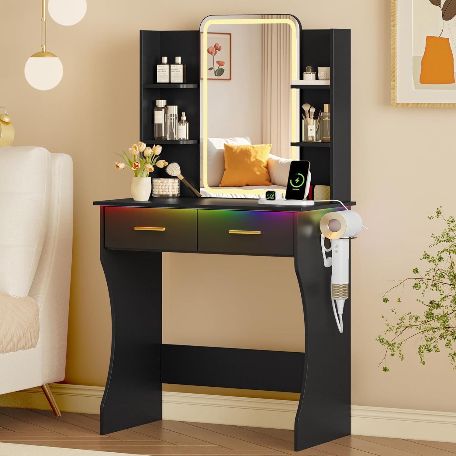 FANRAL Vanity Desk with LED Lighted Mirror and Power Outlet,Makeup Vanity Table with Storage Drawers,3 Lighting Modes and Adjustable Brightness,Dressing Table for Bedroom,Black Vanity