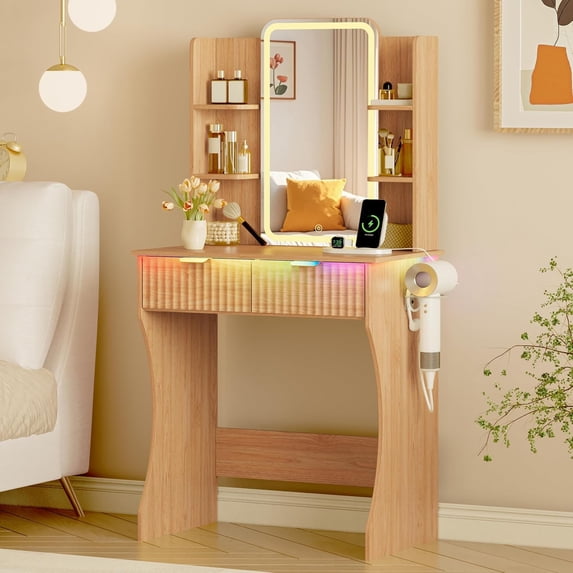 FANRAL Vanity Desk with LED Lighted Mirror and Power Outlet,Makeup Vanity Table with Storage Drawers,3 Lighting Modes and Adjustable Brightness,Dressing Table for Bedroom,Natural Oak Vanity