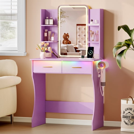 FANRAL Vanity Desk with LED Lighted Mirror and Power Outlet,Makeup Vanity Table with Storage Drawers,3 Lighting Modes and Adjustable Brightness,Dressing Table for Bedroom,Purple Vanity