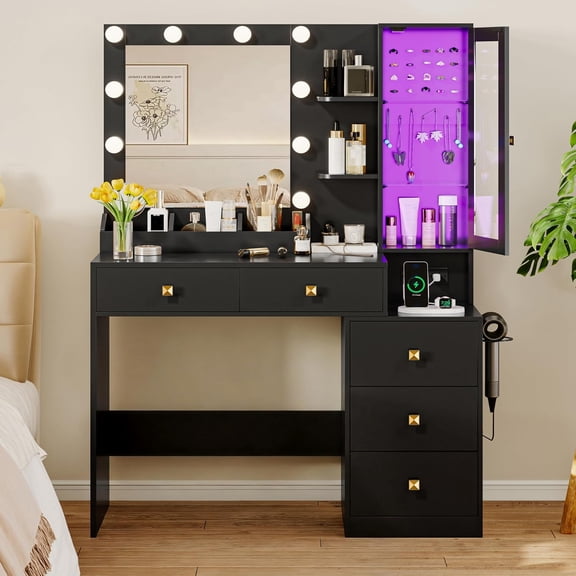 FANRAL Vanity Desk with RGB Ambient Light,LED Mirror & Charging Station,Small Dressing Table with Glass Cabinet & Ample Storage for Bedroom Grooming,Black Vanity