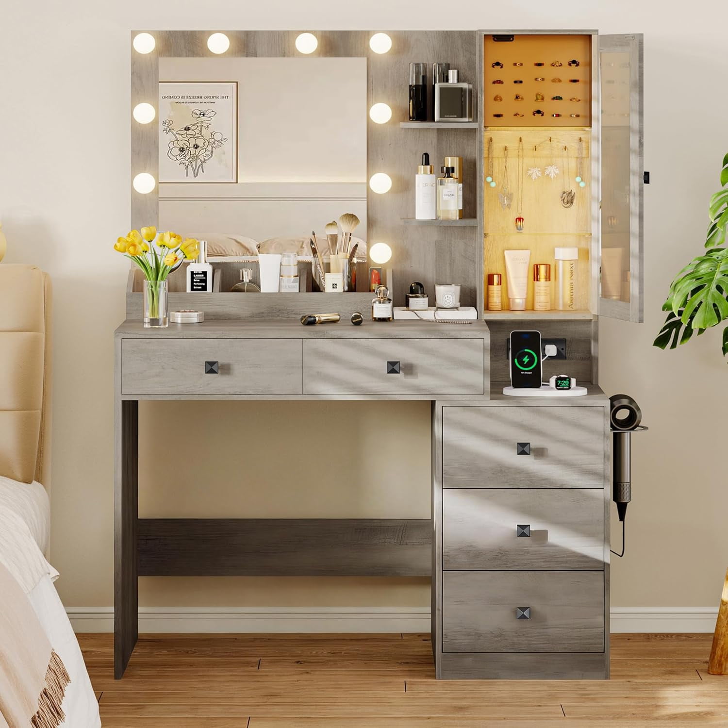 FANRAL Vanity Desk with RGB Ambient Light,LED Mirror & Charging Station,Small Dressing Table with Glass Cabinet & Ample Storage for Bedroom Grooming,Gray Vanity