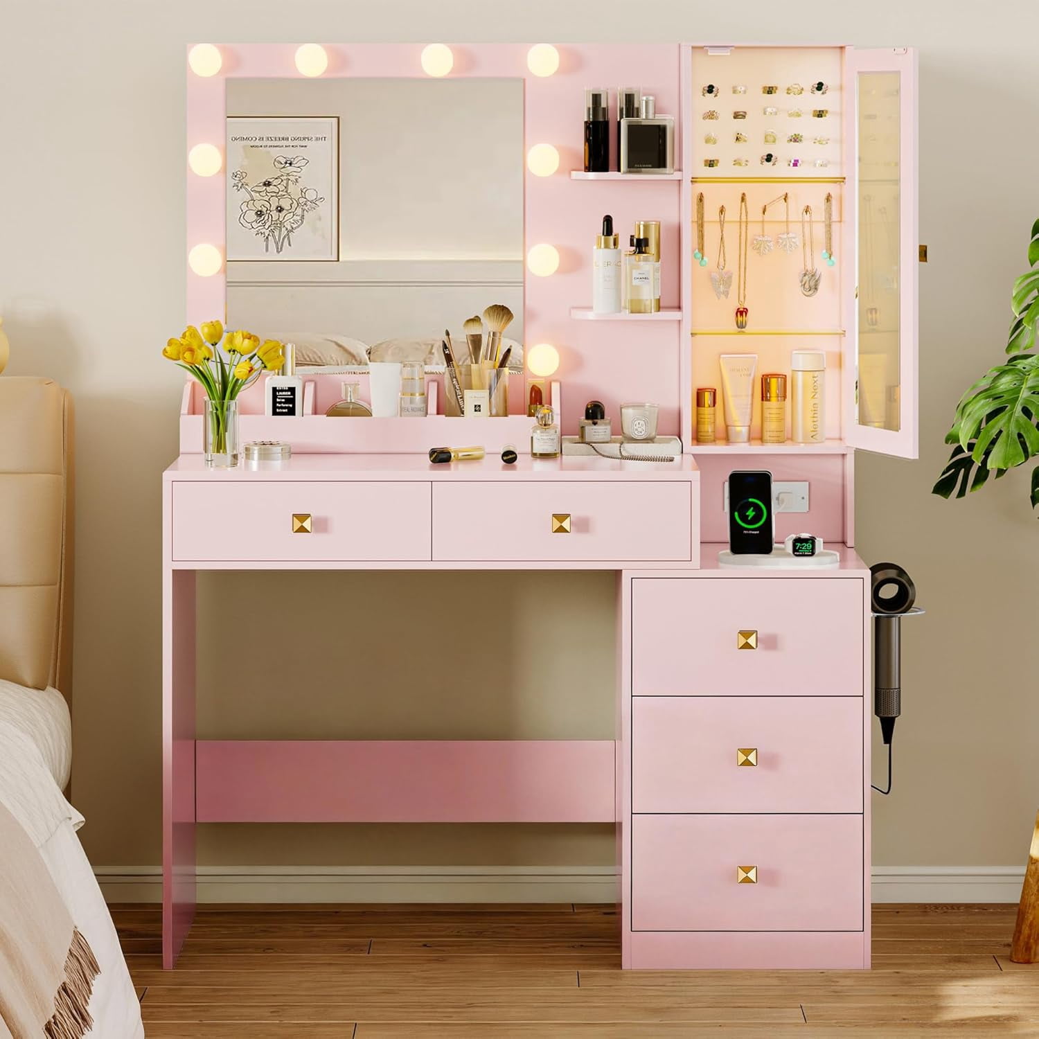 FANRAL Vanity Desk with RGB Ambient Light,LED Mirror & Charging Station,Small Dressing Table with Glass Cabinet & Ample Storage for Bedroom Grooming,Pink Vanity