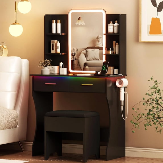 FANRAL Vanity Set with Mirror and Lights,31.5" Small Vanity Bedroom Vanity Desk,Makeup Vanity with Chair & Drawers & Power Outlet,Black Vanity