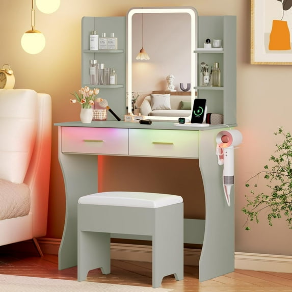 FANRAL Vanity Set with Mirror and Lights,31.5" Small Vanity Bedroom Vanity Desk,Makeup Vanity with Chair & Drawers & Power Outlet,Green Vanity