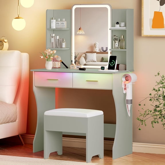 FANRAL Vanity Set with Mirror and Lights,31.5" Small Vanity Bedroom Vanity Desk,Makeup Vanity with Chair & Drawers & Power Outlet,Green Vanity