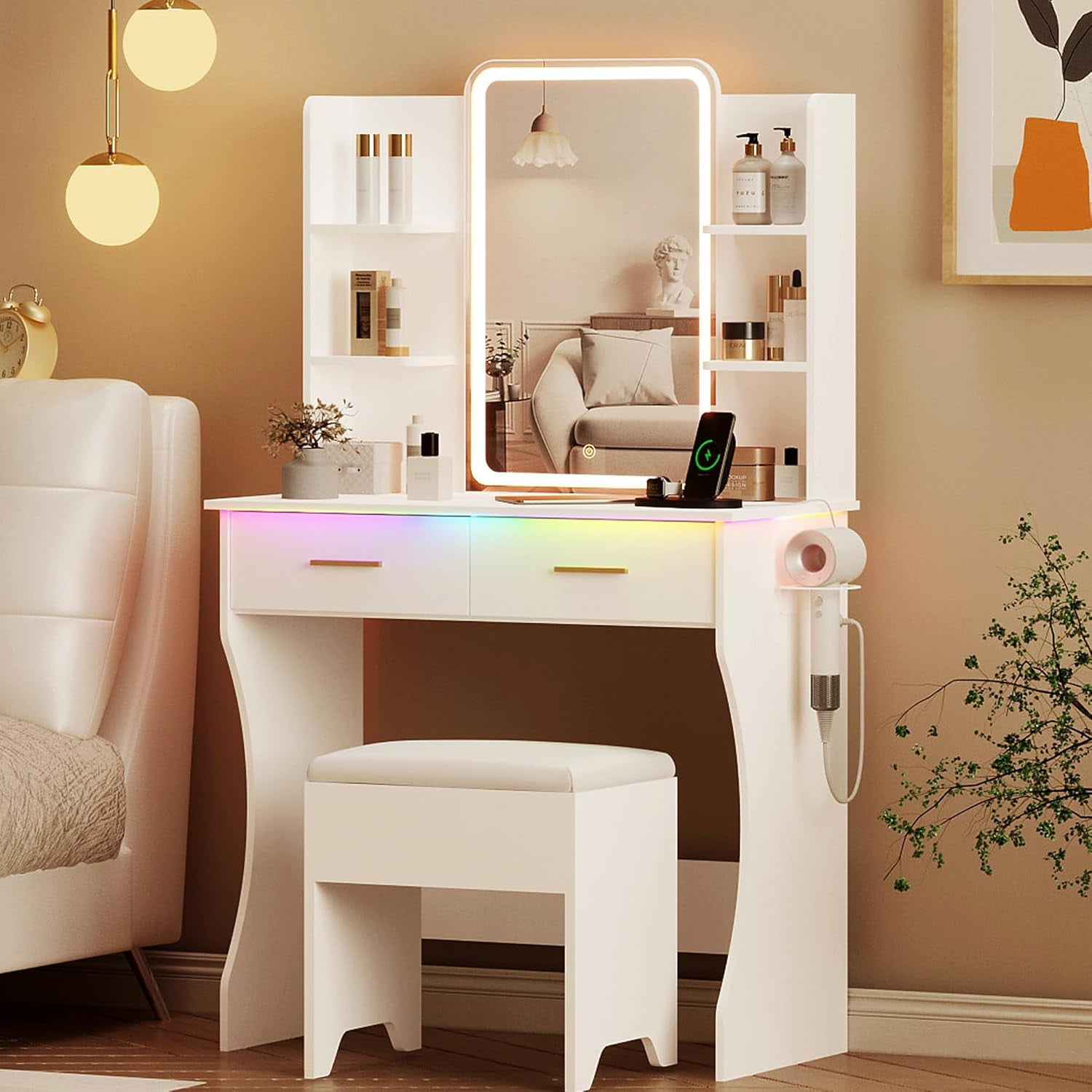 FANRAL Vanity Set with Mirror and Lights,31.5" Small Vanity Bedroom Vanity Desk,Makeup Vanity with Chair & Drawers & Power Outlet,White Vanity