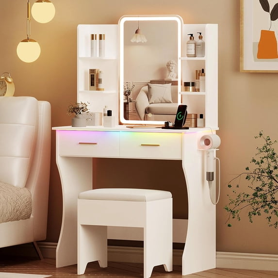 FANRAL Vanity Set with Mirror and Lights,31.5" Small Vanity Bedroom Vanity Desk,Makeup Vanity with Chair & Drawers & Power Outlet,White Vanity