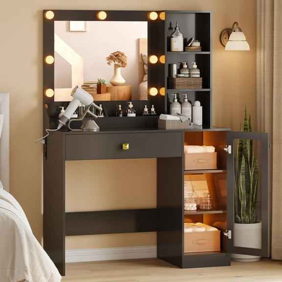 FANRAL Vanity Set with Mirror and Lights,Makeup Vanity with RGB Storage Cabinet & Charging Station,Dressing Desk for Women Bedroom,Black Vanity