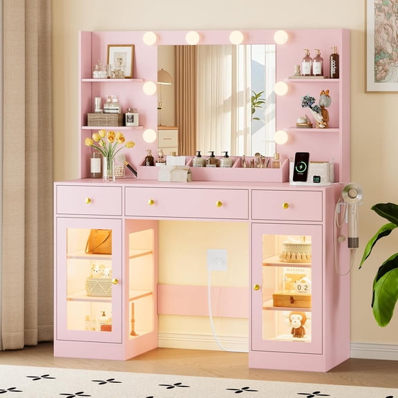 Fanral 47" Large Makeup Vanity Desk With Mirror And Lights,Vanity With Rgb Cabinets & Charging Station & Hair Dryer Rack,Pink Vanity