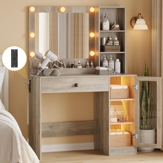 Fanral Vanity Set With Mirror And Lights,Makeup Vanity With Rgb Storage Cabinet & Charging Station,Dressing Desk For Women Bedroom,Grey Vanity
