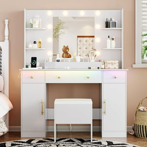 FANRAL Makeup Vanity Desk with Mirror and Lights,41.5" Large Vanity with Chair & Drawers & Power Outlet,White Vanity