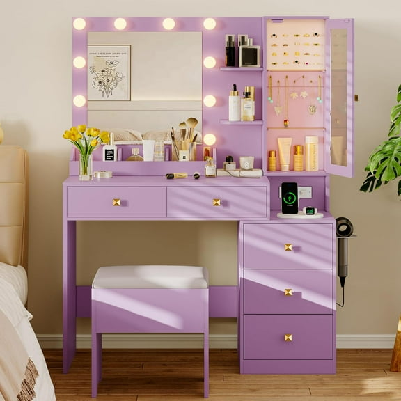 FANRAL Vanity Set with Mirror and Lights,Makeup Vanity Desk with Drawers & Chair & Jewelry Storage Cabinet,Purple Vanity