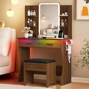 FANRAL Vanity Set with Mirror and Lights,31.5" Small Vanity Bedroom Vanity Desk,Makeup Vanity with Chair & Drawers & Power Outlet,Walnut Vanity