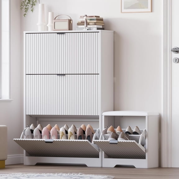 FANRAL White Flip Drawer Shoe Cabinet with Optional Stool,Sturdy P2 Engineered Wood Entryway Organizer