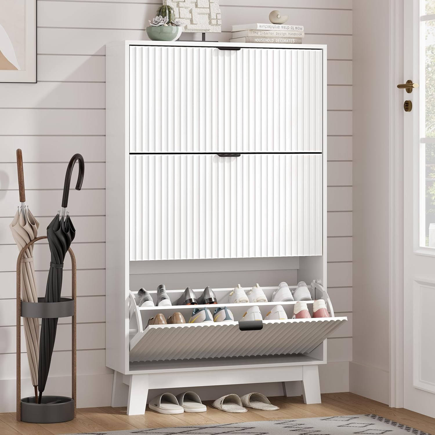 Storing Racking FANRAL White Shoe Cabinet Entryway with 3 Flip Drawers,Narrow Shoe ...