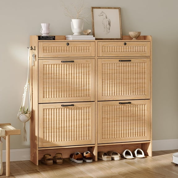 FANRAL Wood Shoe Storage Cabinet with 2 Storage Drawers,Narrow Shoe Rack for Entryway,Hidden Shoe Storage Organizer,Natural Wood
