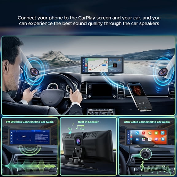 FANRUINA 10.26" Wireless Carplay Screen for Car 2.5K +1080P Dash Cam, Portable Car Stereo GPS Navigation, Car Audio with Android Auto, Airplay, Mirror Link, 64GB TF Card for All Vehicles