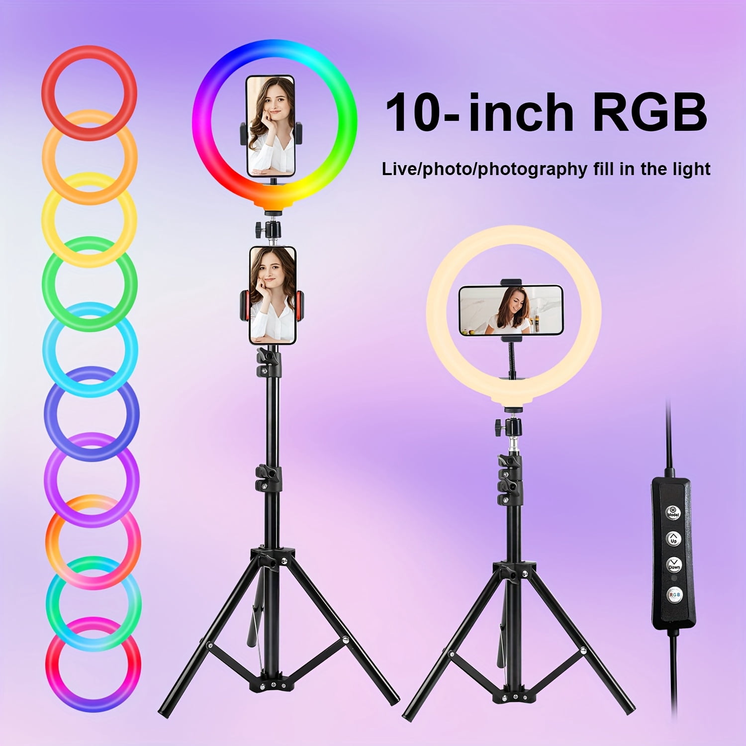 Anello Luce LED 10" Per Selfie E Video – Treppiede Regolabile, 5 Colori E 6 Livelli, Telecomando Bluetooth